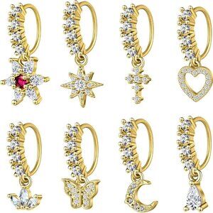 Nose Rings Hoop Septum Jewelry Set 8pcs Dangle CZ Flower Star Butterfly Piercing